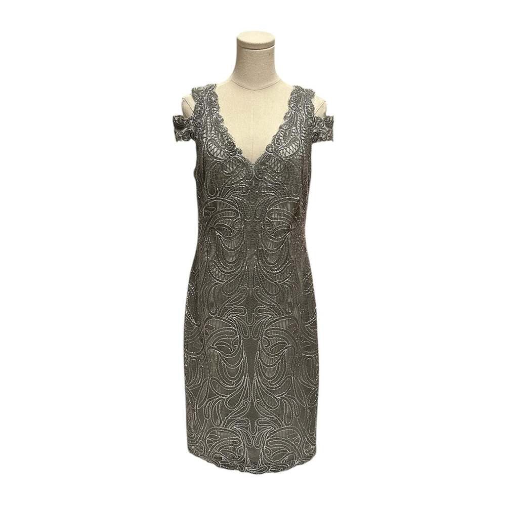 Tadashi Shoji Cold Shoulder Embroidered Corded Lace Sheath Cocktail Dress Grey